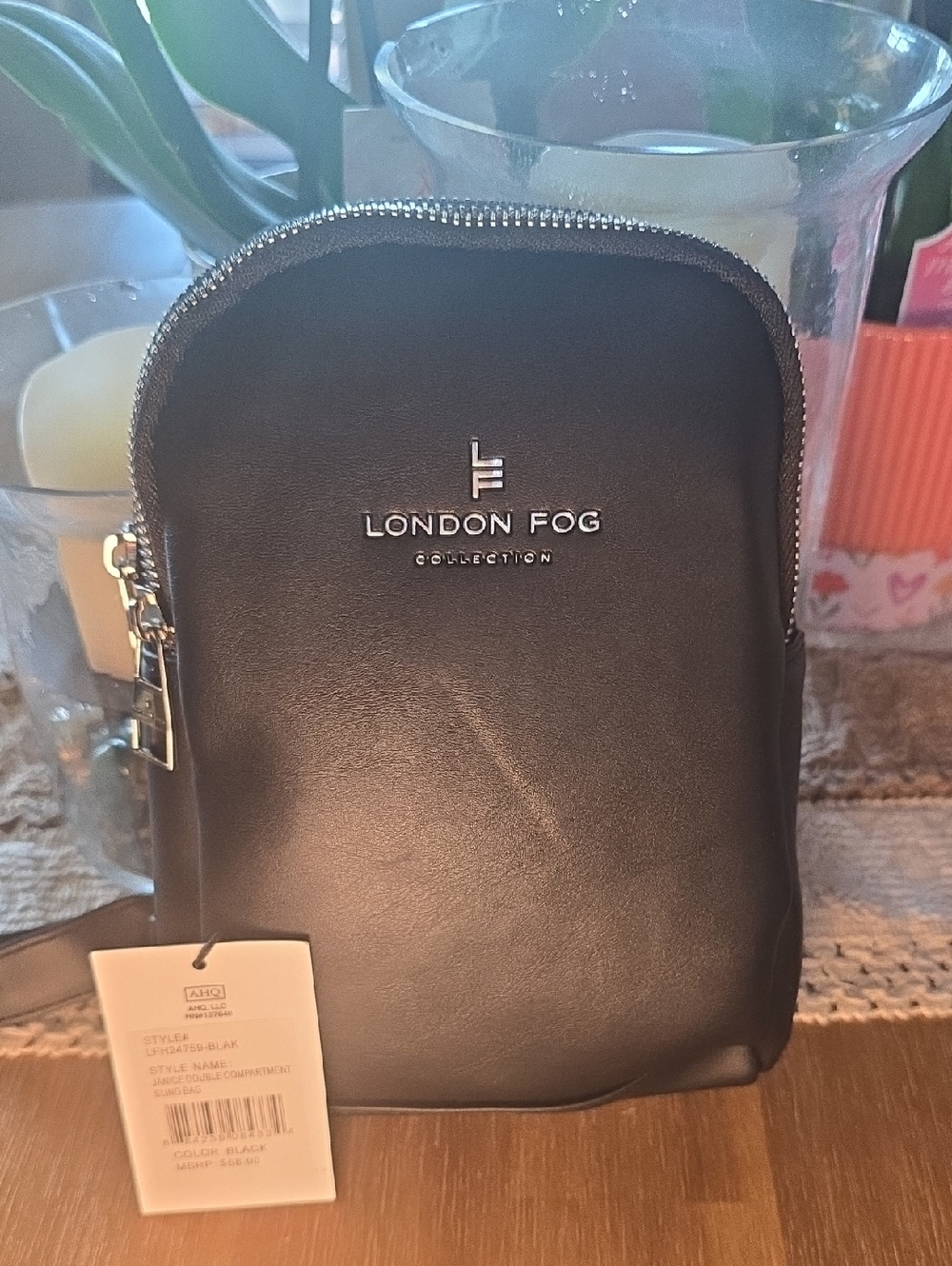 London Fog Janice Black Leather Sling Bag with Silver Hardware